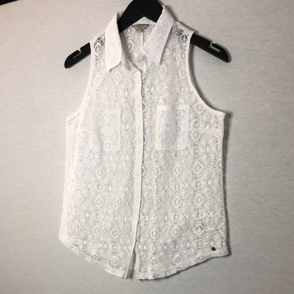 GUESS White Lace Button Down Sleeveless Top - Picture 4 of 6